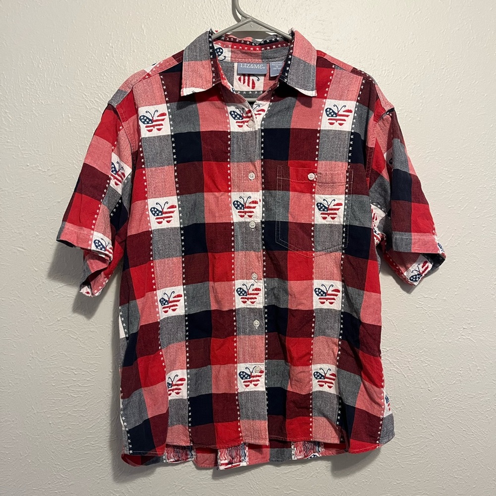 Women’s Vintage Plaid Button Up Shirt Short Sleeve Plaid Patriotic Red White 1X